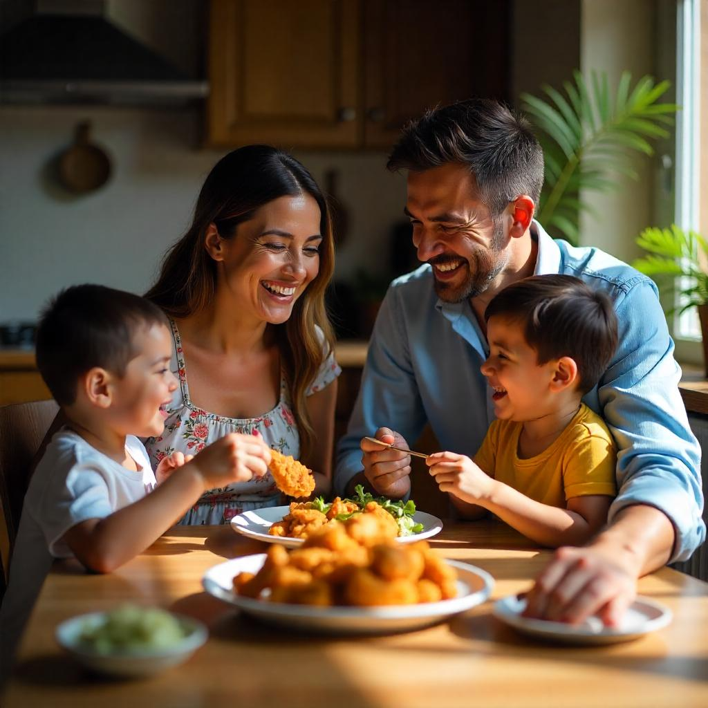 Familia Feliz Comiendo Alitas de Pollo